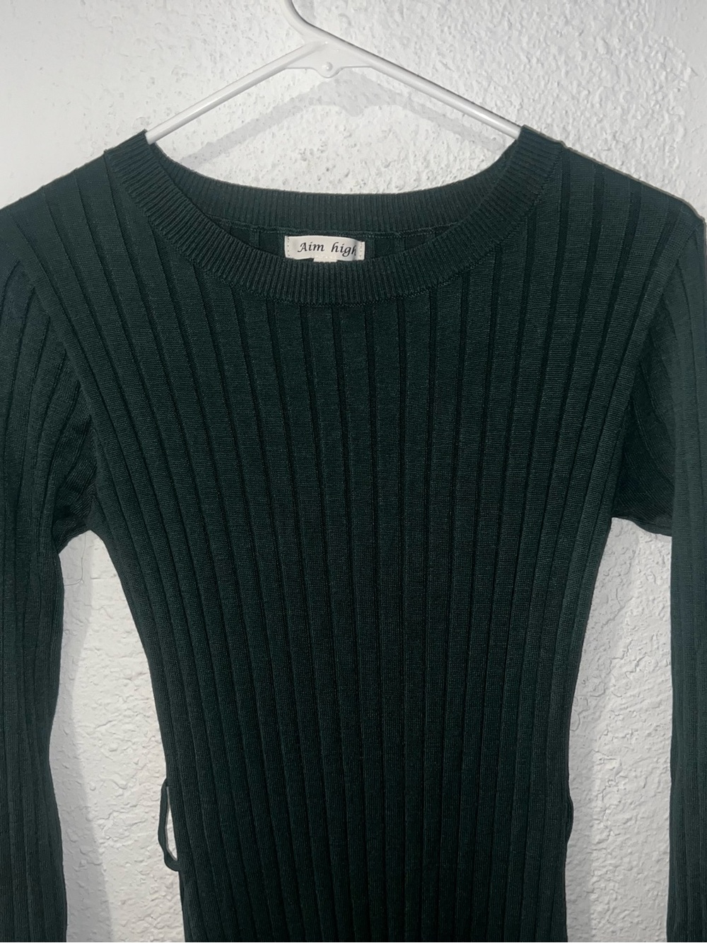 Dark Green Ribbed Long-Sleeve Dress